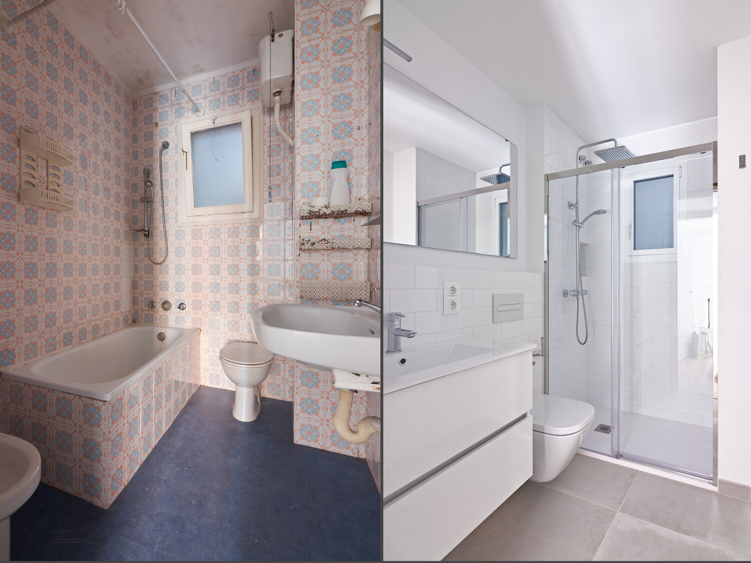 Vorher-Nachher: ein altes Bad modernisiert mit begehbarer Dusche, Unterputz-Spülung und Wand-WC