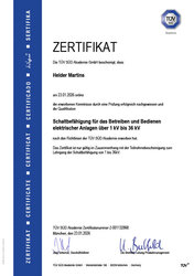 Zertifikat über Schaltbefähigung für das Betreiben und Bedienen elektrischer Anlagen, Helder Martins